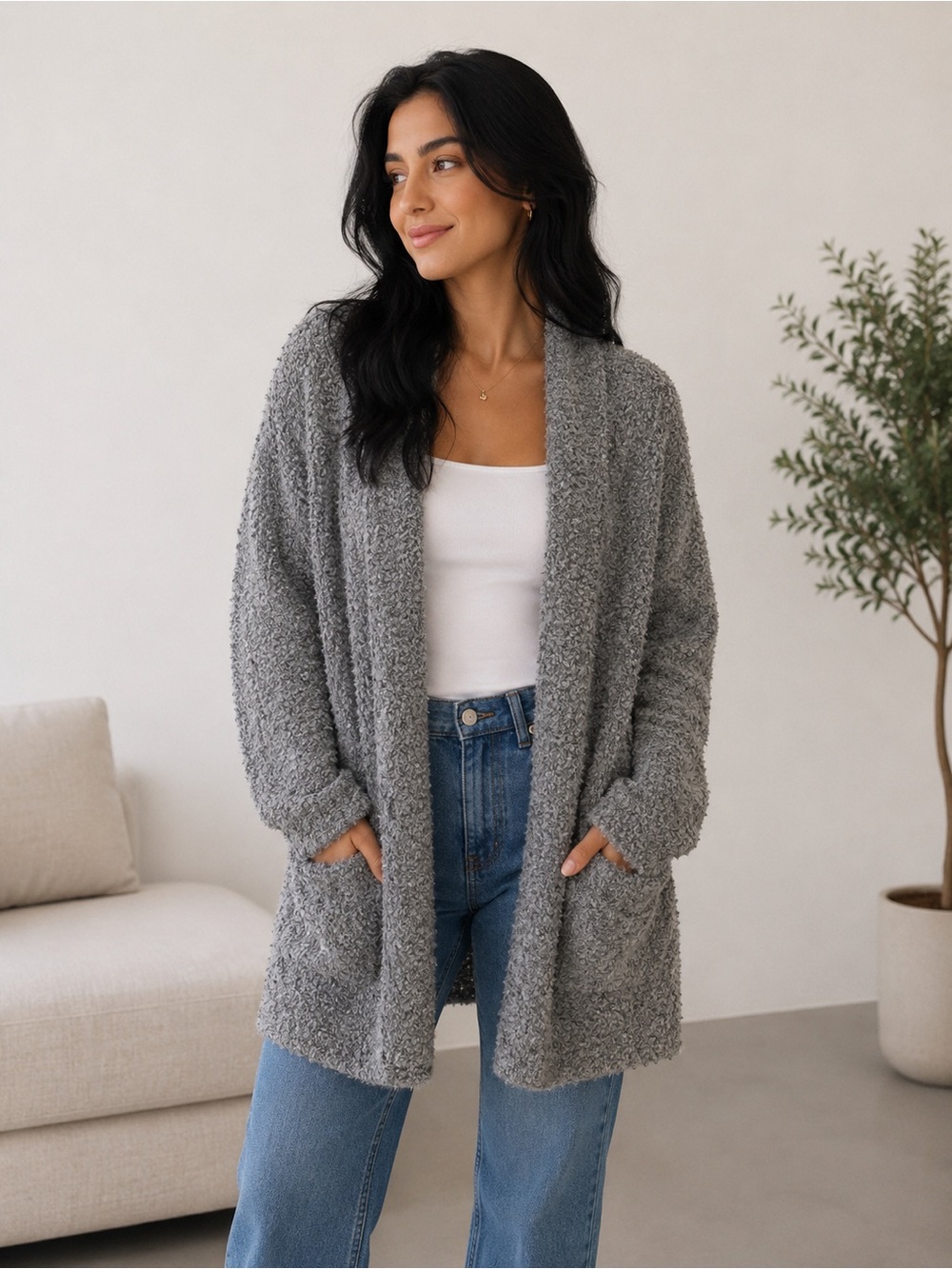 aerie Gray Bouclé Open-Front Cardigan